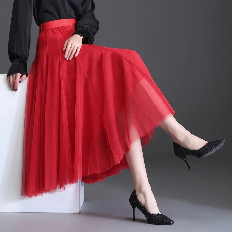 

Корейский стиль Женская мода красная сетчатая газовая юбка 2022 весна лето шикарная 3-слойная миди длинная Плиссированная юбка