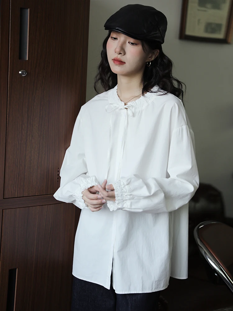 Белые свободные универсальные рубашки с длинными рукавами на шнуровке в стиле