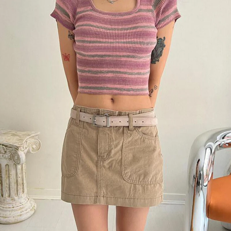 

Женская трикотажная футболка в полоску, с квадратным вырезом и коротким рукавом