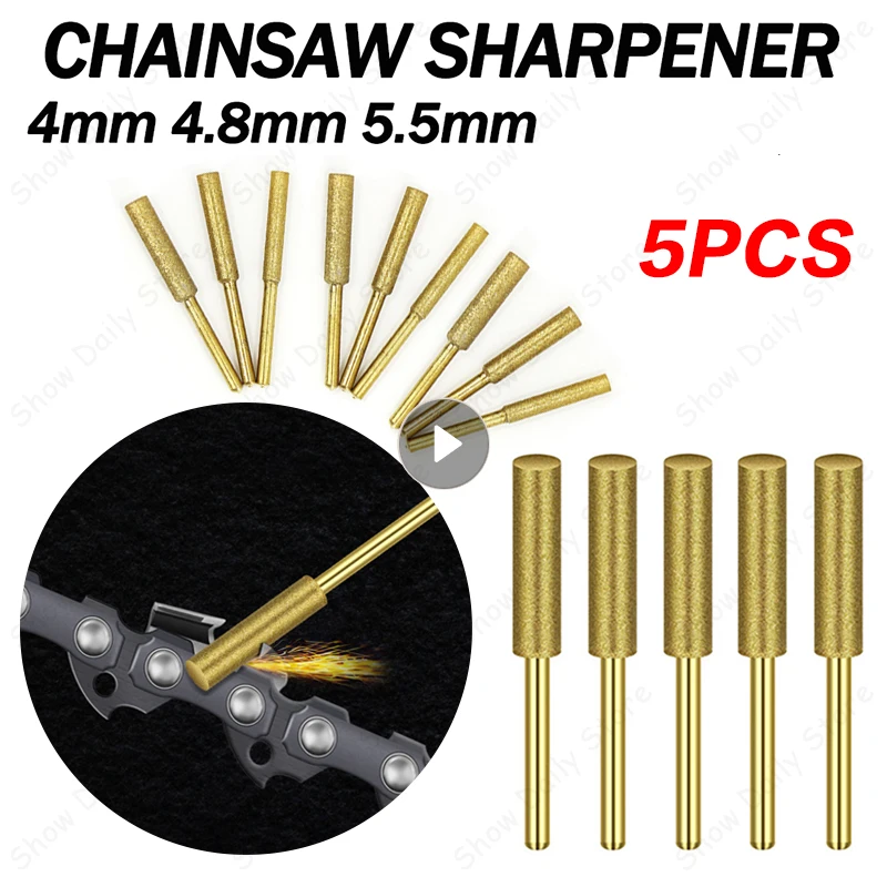

5Pcs Gold Diamond Coated Cylindrical Burr 4-5.5mm Chainsaw Sharpener Stone File Chain Saw Sharpening Carving Grinding Tools