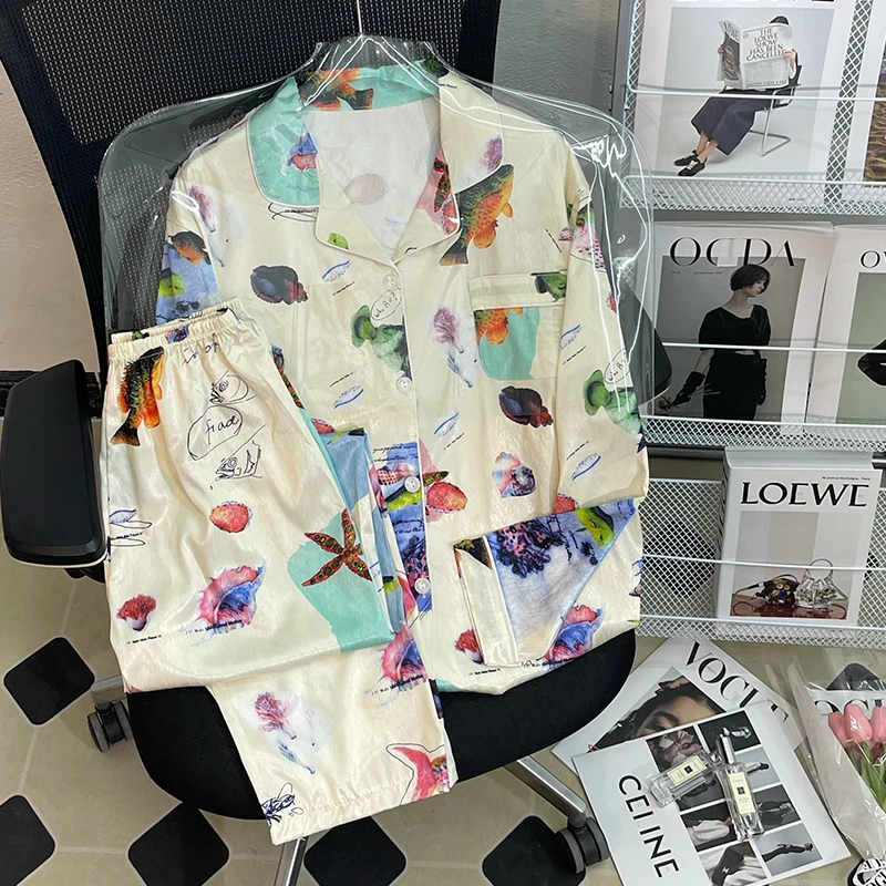 CAIYIER Colorful Animals Nightwear Suit Womens Long Sleeve Trousers Pyjamas Ladies Cardigan Fashion Ice Silk Sleepwear Home Wear