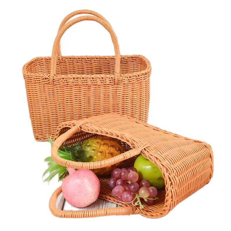 

CAMIGEL Portable Shopping Basket Rattan Woven Picnic Basket Fruit Vegetable Basket