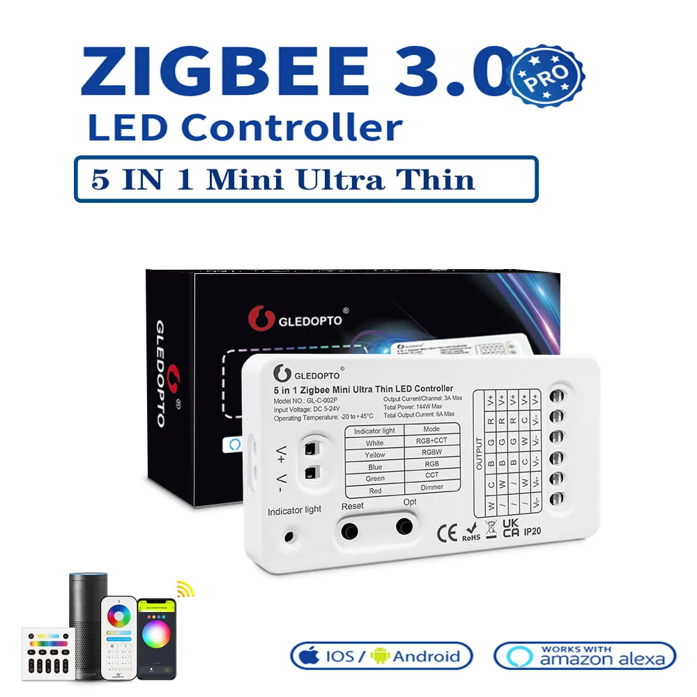 Gledopto Zigbee3.0 Pro Mini 5 in 1 RGB+CCT LED Light Strip Controller APP/Voice/RF Remote Control