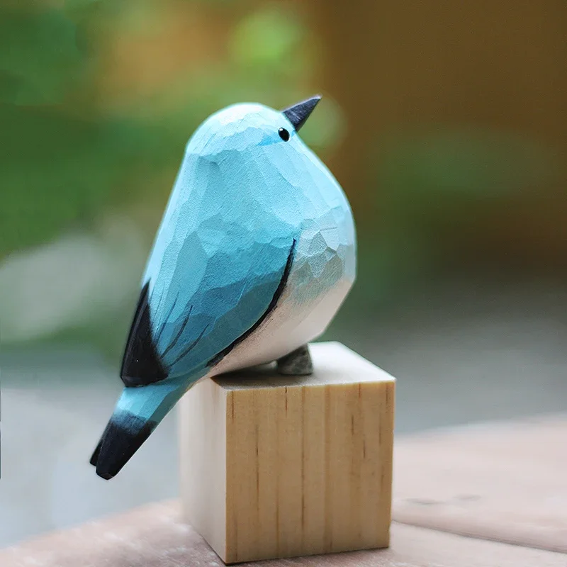 

Blue Robin Fat Chirp Wood Carving Bird Handmade Solid Wood Desktop Birds Figurines Ornaments Accessories Home Decor