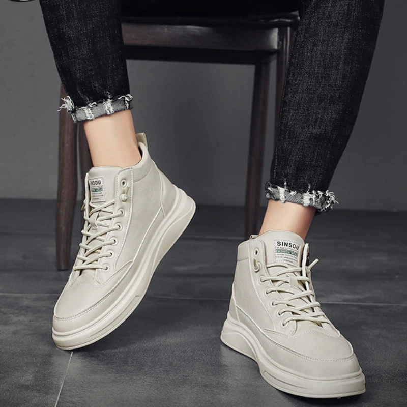 

туфли мужские слипоны мужские мужская летняя обувь мокасины Высокие спортивные туфли, Мужская молодежная Молодежная обувь с боковой молнией, трендовая повседневная кожаная обувь в Корейском стиле для скейтбординга