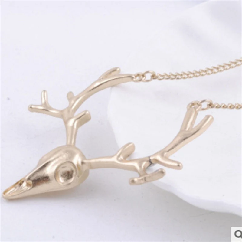 

LONG NECKLACE BIG STAG antler GOTH PUNK deer antlers gold plated STAG HEAD SKULL