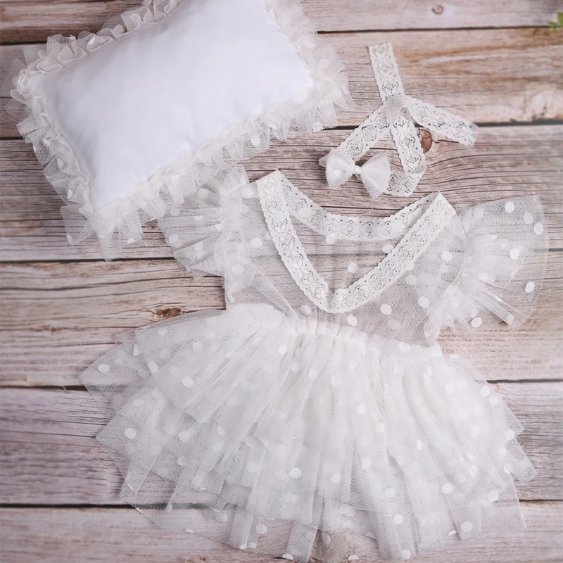 

Infant Baby Photography Props Lovely Mesh Dress Soft Breathable with White Pillow Bow Hairband Newborn Kids Clothing