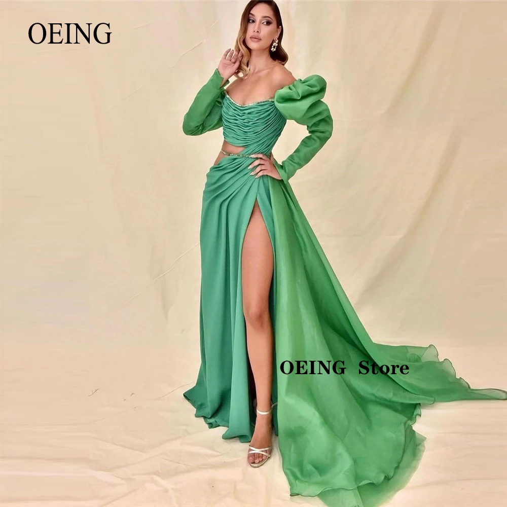 

OEING Sexy Off the Shoulder Green High Split Evening Dresses Pleats Strapless Arabic Dubai Women Prom Gowns Party Event Dress