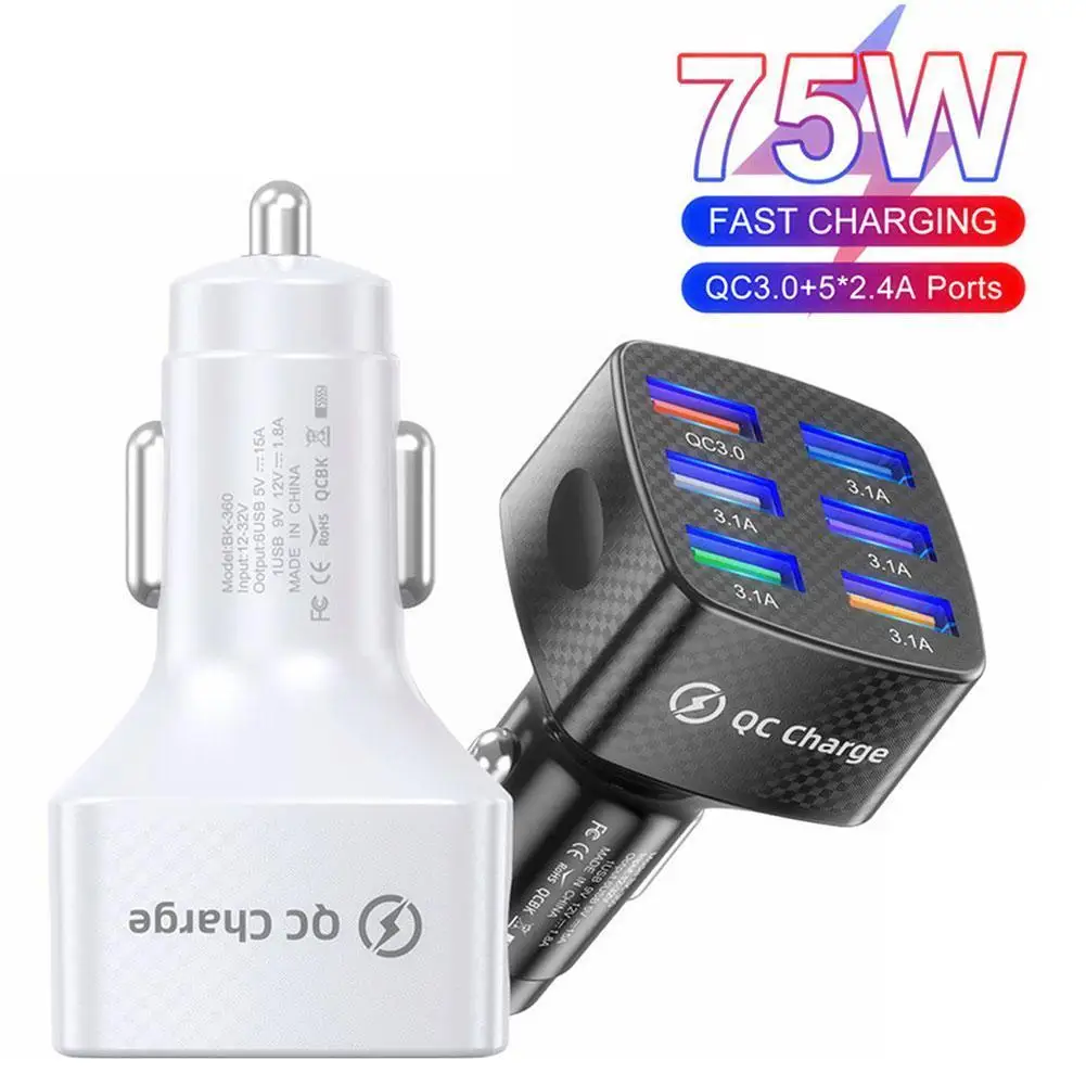 

6 Ports 75W Car Charger Quick Charge 3.0 15A USB Charger For IPhone 13 12 Pro Samsung Huawei Mobile Phone Charger L7X3