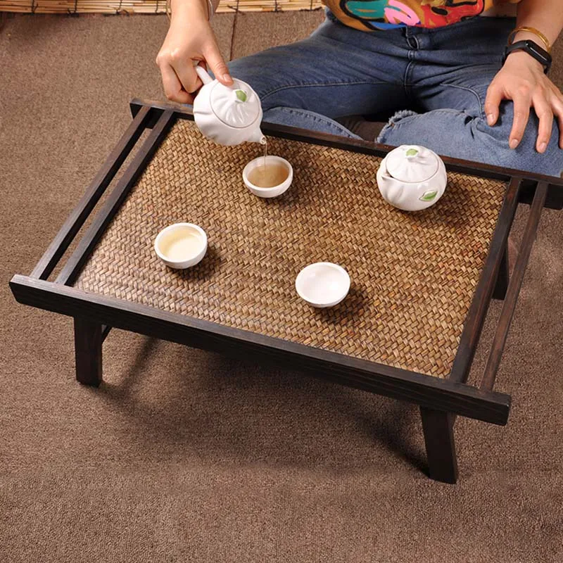 Solid wood bamboo woven folding tea table tatami window balcony table simple Japanese tea table portable desk table