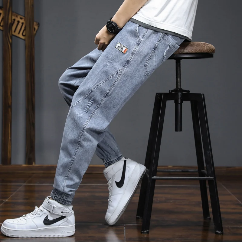 2022 Spring Summer Loose Men's Jeans Text Embroidery Baggy Elastic Waist Harlan Cargo Jogger Trousers Male Grey blue  M-4XL