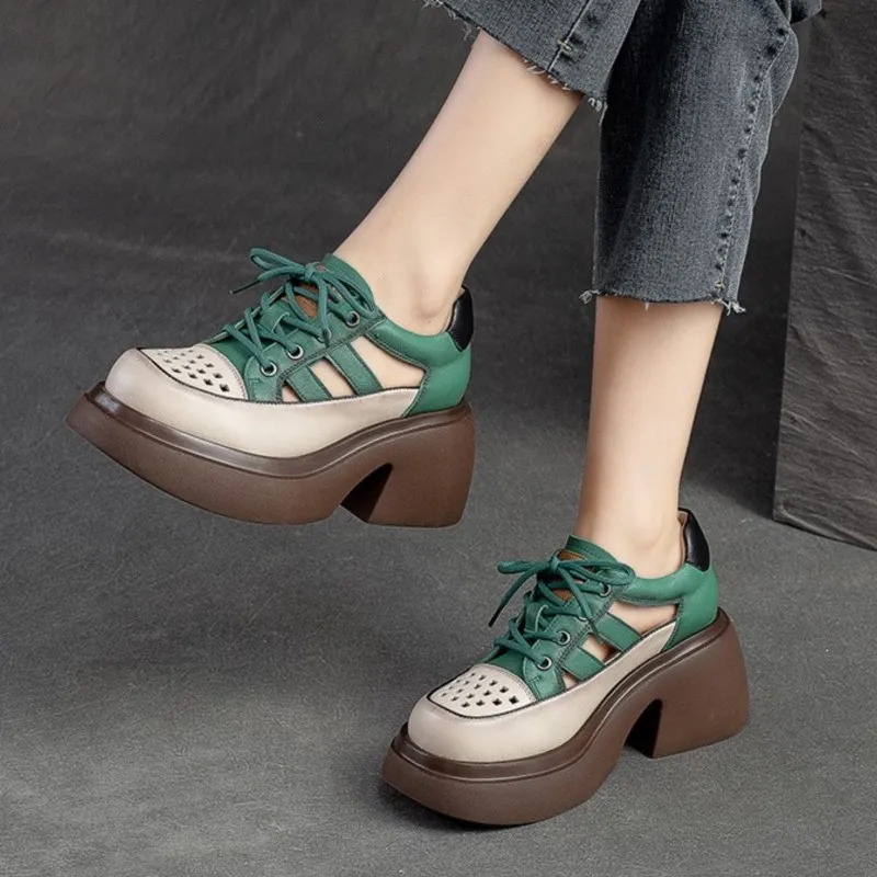 

Женские винтажные босоножки YourSeason, из натуральной кожи, на толстой подошве, со шнуровкой, сандалии на толстом каблуке с вырезами и круглым носком, для лета, 2023