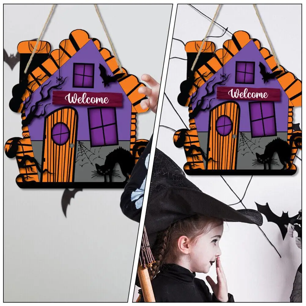 

Halloween Wooden Ghost House Pendant Spider Web Cat Happy Horror House Home Decoration Pendant Haunted Halloween Props Part A3B0