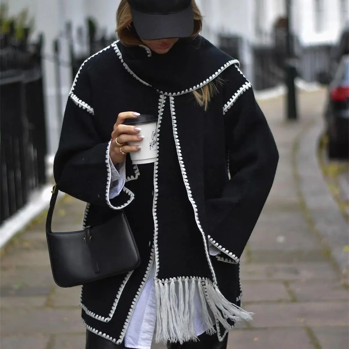 Elegancka damska kurtka z szalikiem i kołnierzem Streetwear długim rękawem mieszanki wełny na jesień/zimę pełnym zamkie...