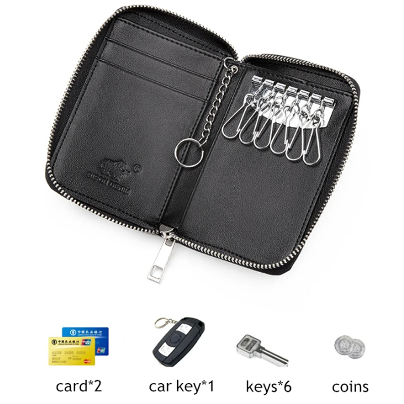 BISON DENIM Genuine Leather Key Wallet Male Card Keychain Cover Zipper Card Holder Wallet Key Organizer Large Capacity N9462