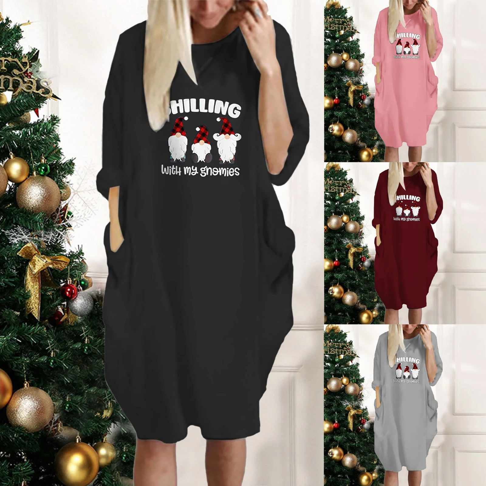 

Женское праздничное свободное платье с длинным рукавом и графическим принтом на Рождество, платье с карманами, туники для женщин