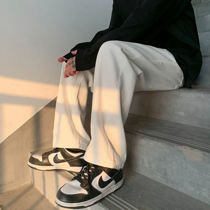 Джинсы мужские с потертостями прямые брюки из денима широкими штанинами в стиле