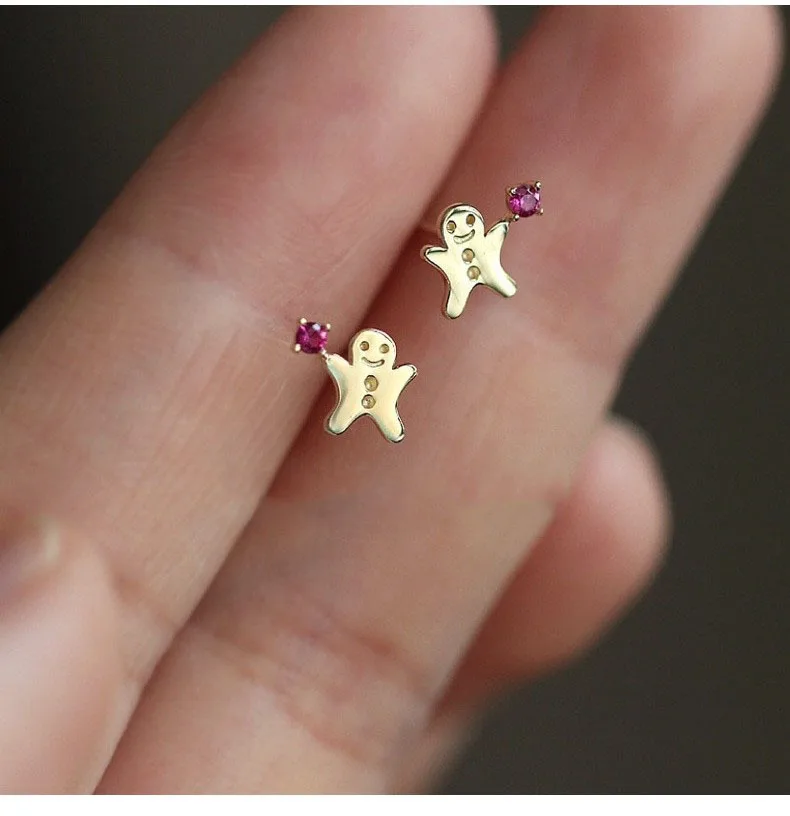 

Korean Rose Red Rhinestones Cute Gingerbread Man-shaped Earrings Exquisite Fairy Christmas Style Holiday Earrings Accessories