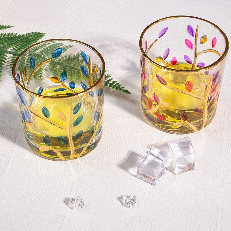 

Painted glass crystal cup the same hand-painted wood leaf pattern wine cup in Italy drink milk whisky wine cup