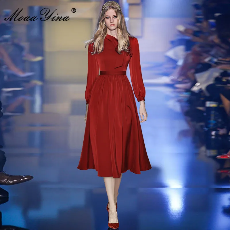 

Fashion Designer Spring dress Women Navy Collar Lantern Sleeve Frenulum The Waist Thin Grace Casual Wine Red Dress