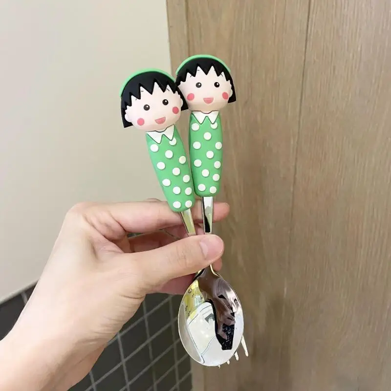 Фото Новый набор вилок и ложек из серии Chibi Maruko Chan: милые стальные ложки и вилки в горошек, кавайная посуда из нержавеющей стали, товары для дома, подарок №5
