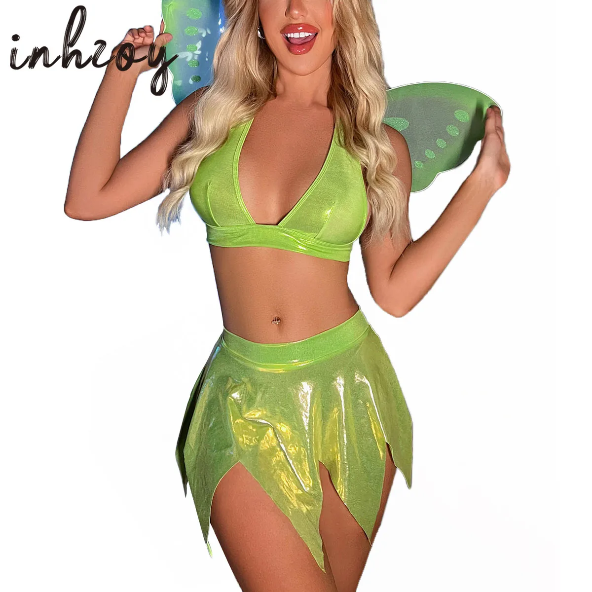 

Women Sexy Fairy Costume Set Halloween Cosplay Glossy Hater Backless Crop Top Jagged Mini Skirt Wings Oufits Rave Party Clubwear