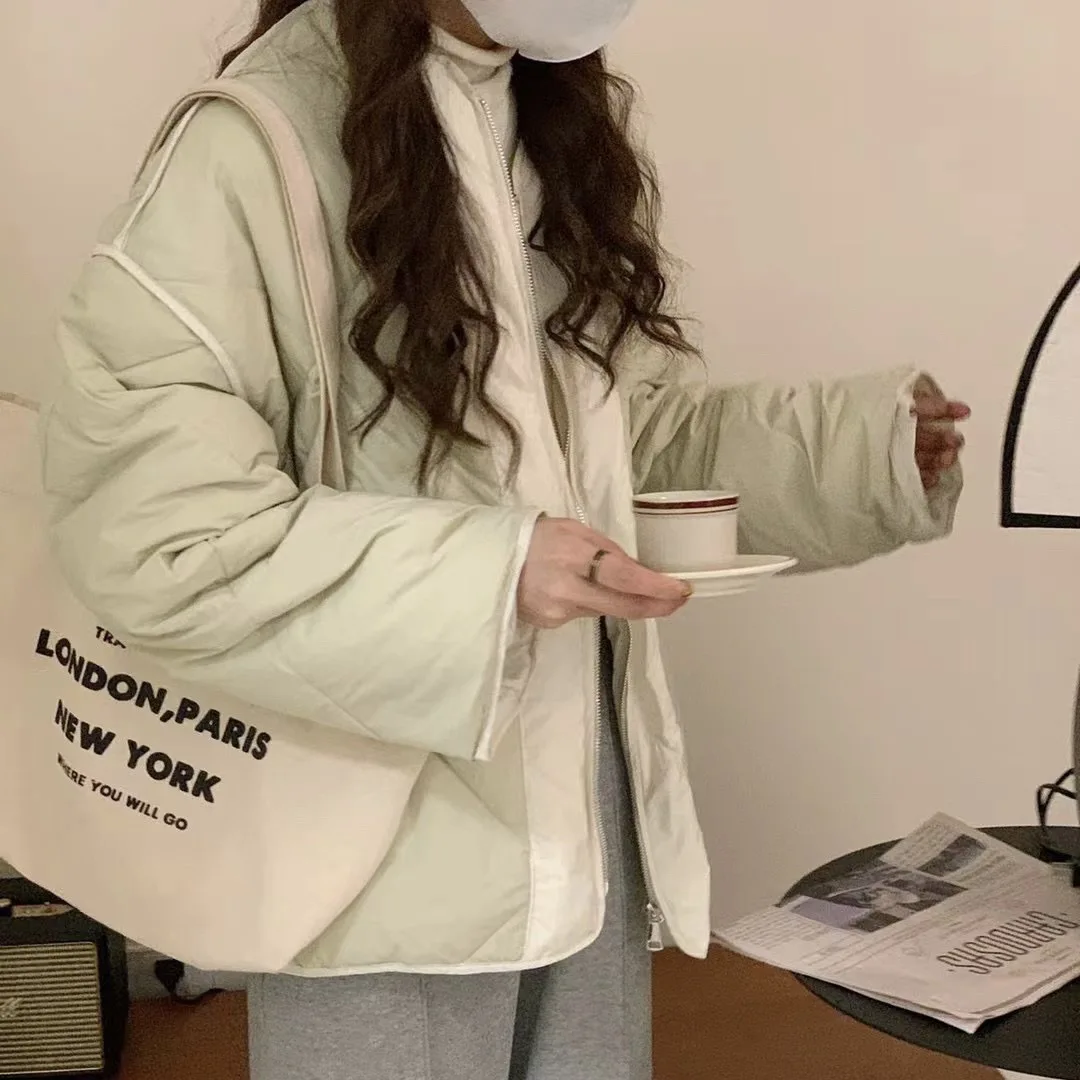 Collision Stitching Rhombus Down Jacket Women's Round Collar Design Sense Short Cotton Jacket White Duck Down Warm Jacket