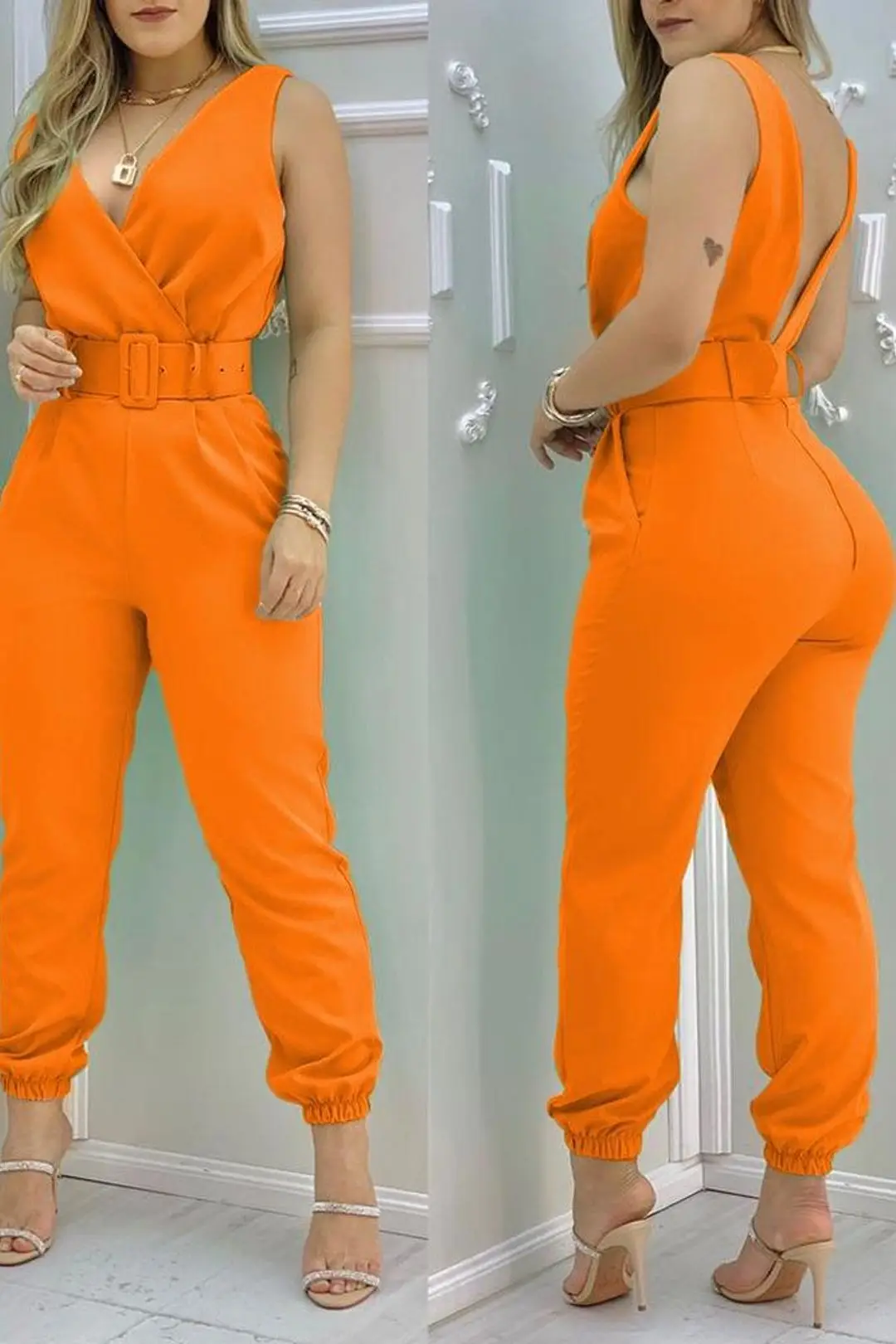 2022 Jumpsuits  Sexy V-neck Sleeveless Printed Jumpsuit Woman Jumpsuits Elegant New Fashion with Belt Vest Playsuit Streetwear