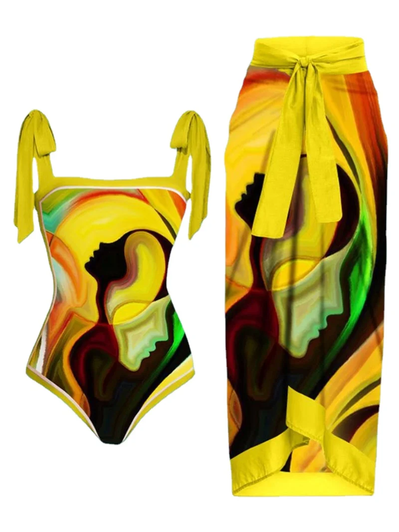 

2023 Retro V-neck Butterfly Print Bikini Set Women Color-block Print One-piece Swimsuit Suit Swimwear Bathing Suit