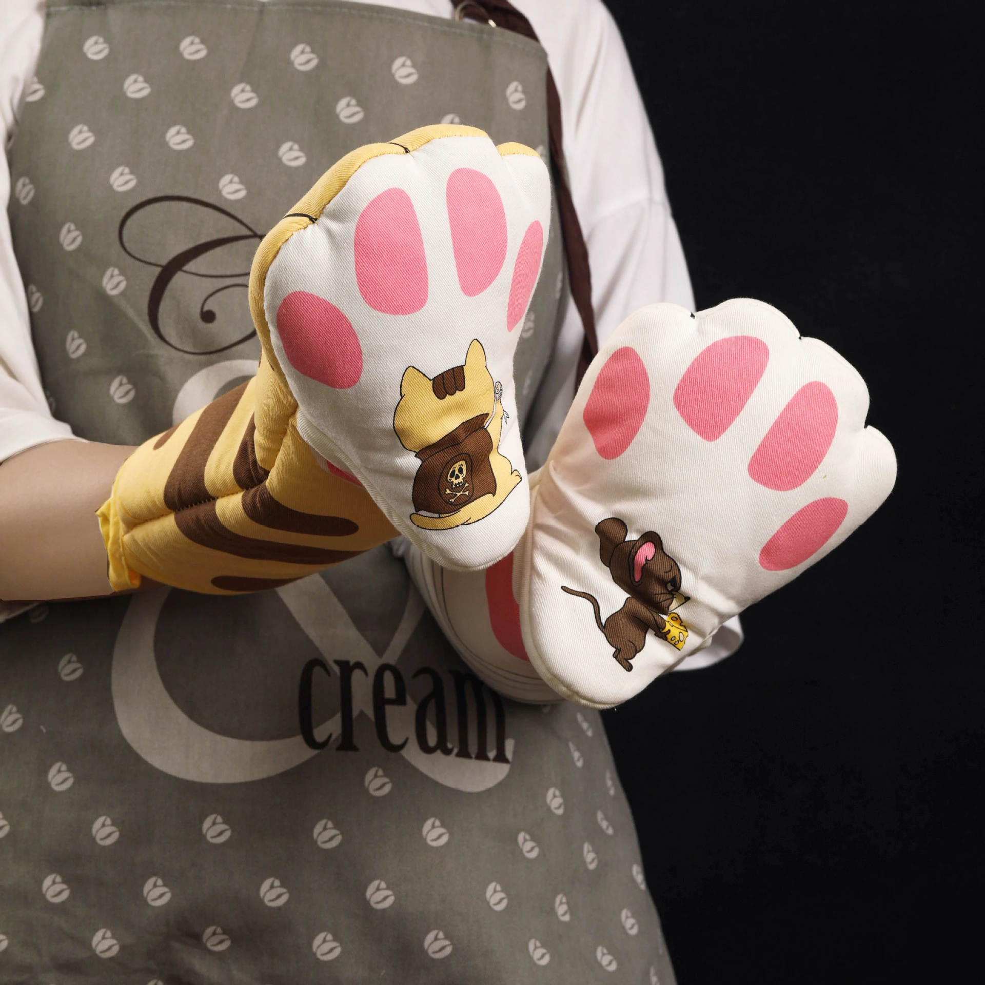 

Симпатичные кухонные перчатки с кошачьими лапками, варежки для духовки, теплоизоляционные перчатки для микроволновой печи, Длинные Хлопко...