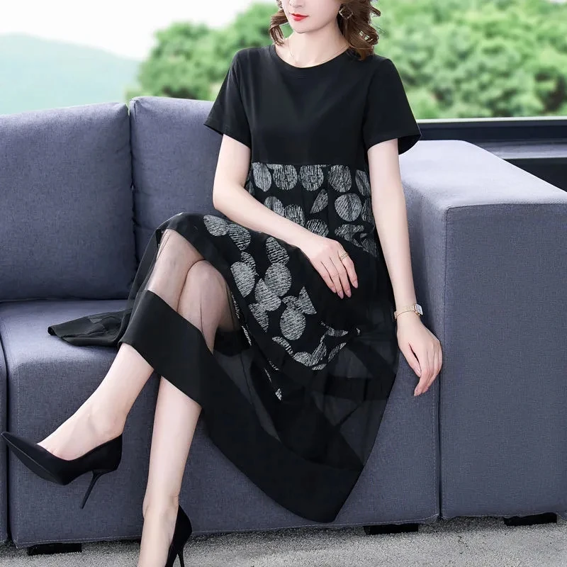 Платье женское с коротким рукавом и принтом модное черное платье для матерей