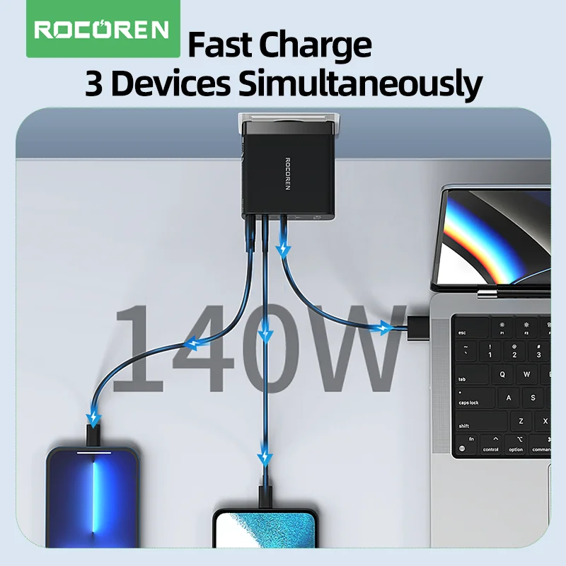Najtaniej Rocoren 140W GaN ładowarka USB Typ C PD 3.1 QC Szybkie ładowanie 4.0 3.0 USBC Szybka ładowarka Do MacBook Pro IPhone 14 Xiaomi