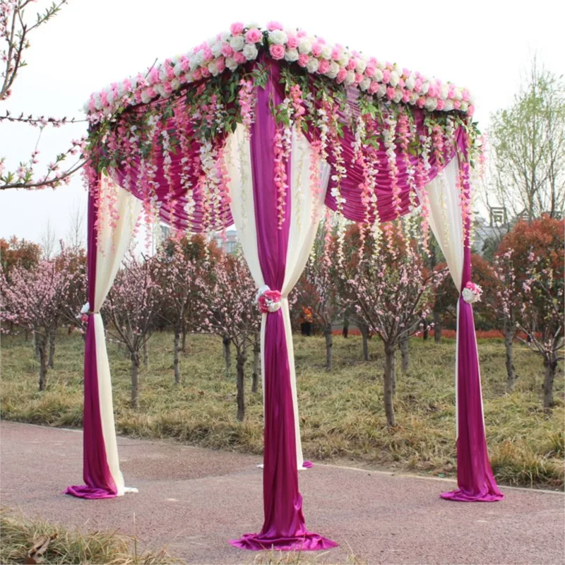 

Square Canopy Curtain with Stand Pavilion Frame with Backdrop Curtain Churppah drapes(including curtains+stand+flowers)