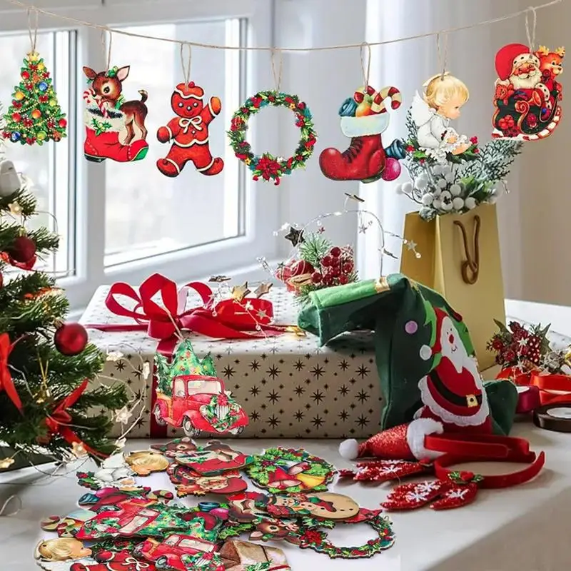 24 шт. деревянные елочные украшения винтажные рождественские яркие цвета