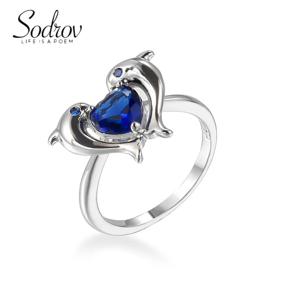 

SODROV Fashion Silver Color Animal Jewelry Dolphin and Blue Zircon Heart Rings for Women