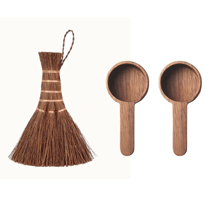 

1X Cleaning Broom Cleaning Brush Coconut Palm Silk Cup Brush Tea Set Brush & 2X Wooden Measuring Spoon Set
