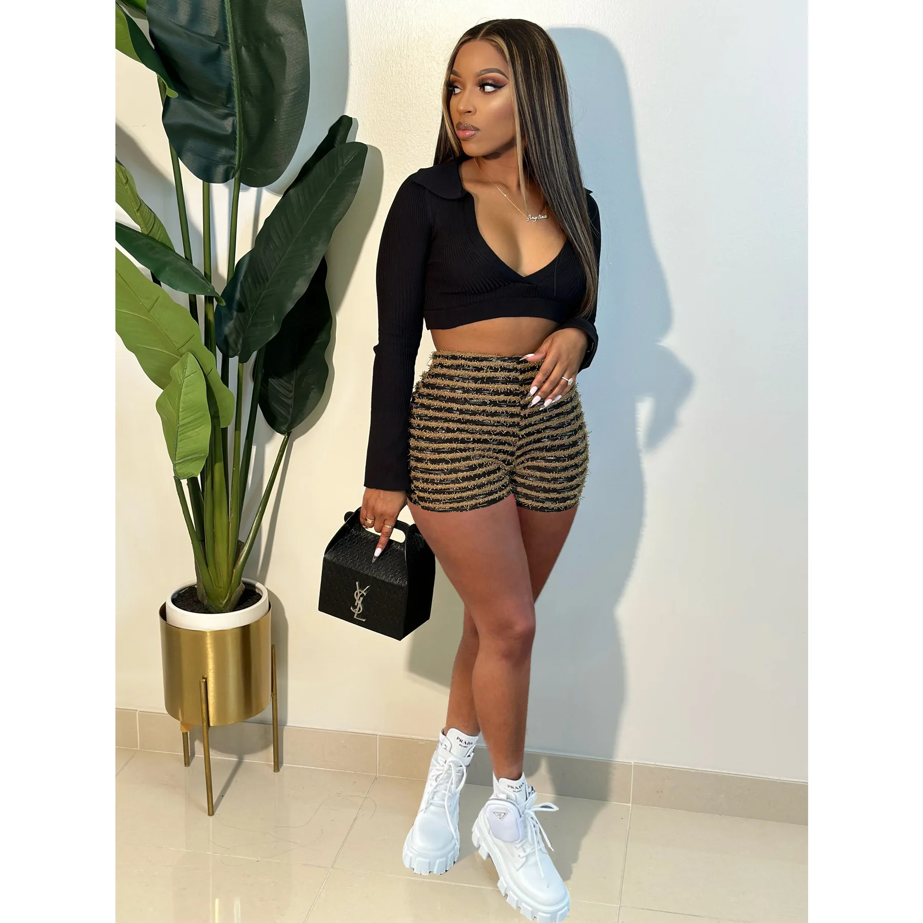 

Panelled Short Pants Women Summer Sexy Streetwear Fluffy Slight Stretch Knitted Shorts
