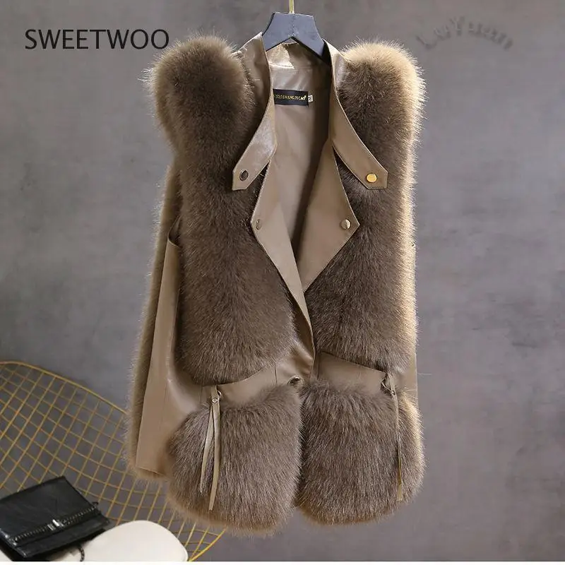 High Quality Imitation Fox Fur Vest Jacket Women Fur Vest Jacket 2021 Winter Waistcoat Long Fur Vest Female Vestcoat Sleeveless