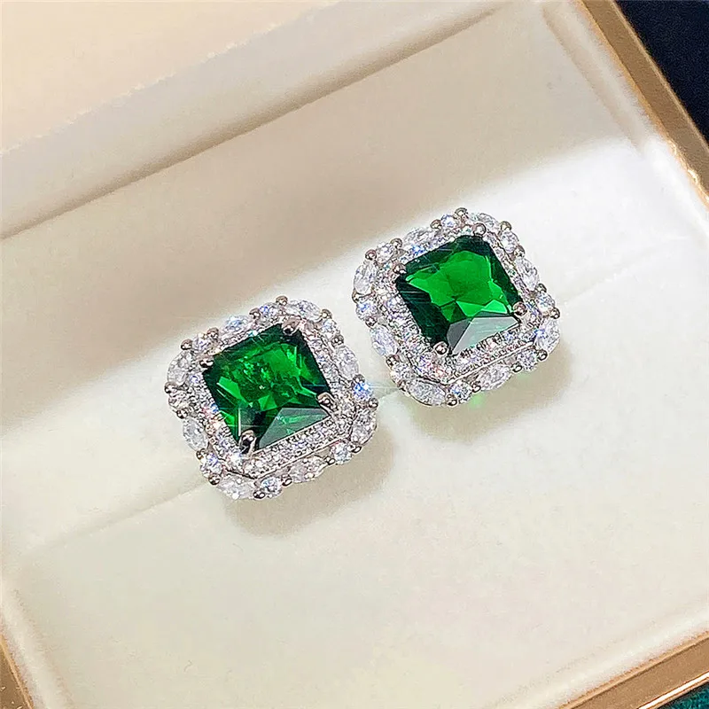 

New Vintage Green CZ Stud Earrings for Lady Dance Party Luxury Ear Accessories Anniversary Birthday Gift Women's Jewelry Hot