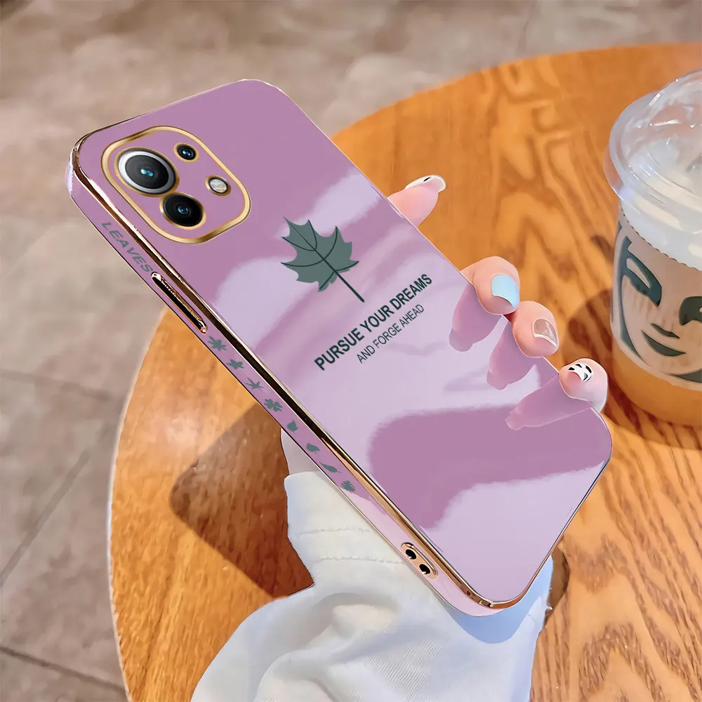 

For Xiaomi MI 11 Lite 5G NE 11T Pro Luxury Square Case Maple Leaf Plating Cover Shockproof Soft TPU Cases