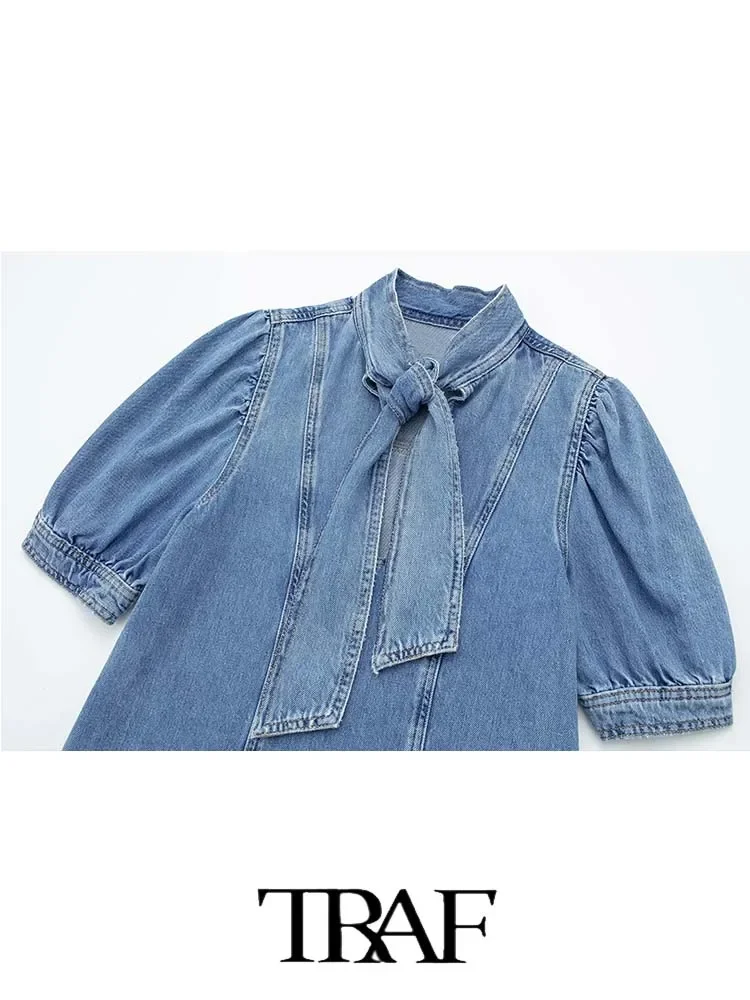 Женская Джинсовая блузка с бантом на шее свободная повседневная рубашка из