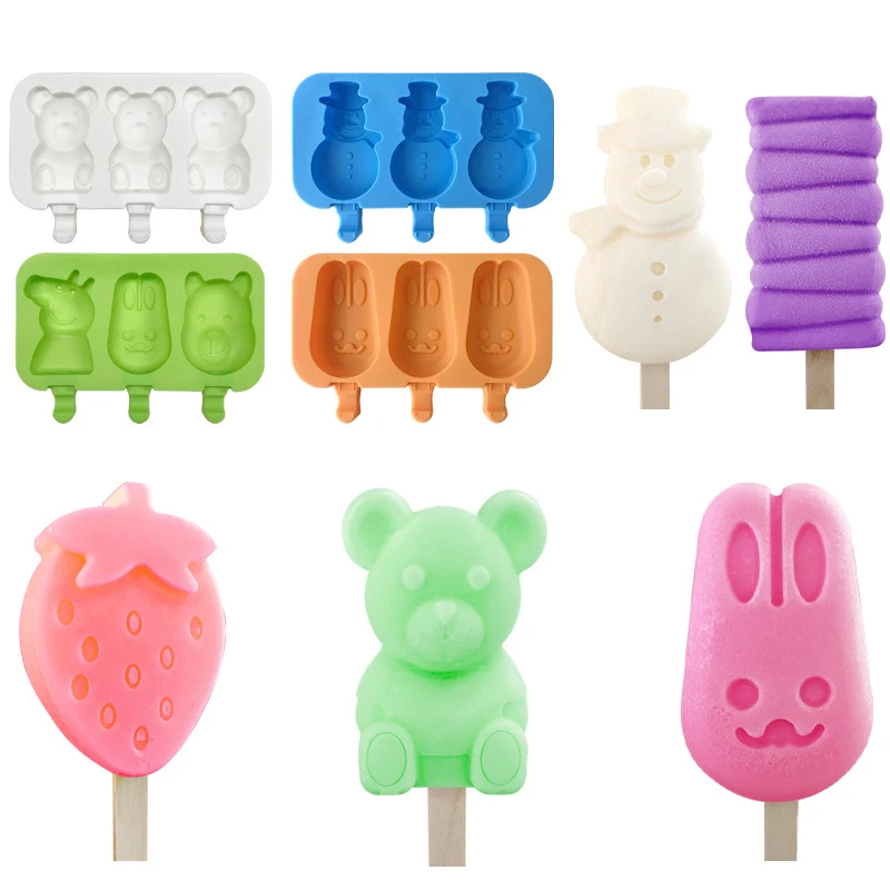 

Snowman/Bear Ice Cream Silicone Molds Popsicle Mould Tray Ice Cube Maker DIY Dessert Homemade Tool Summer Party Kitchen Supplies