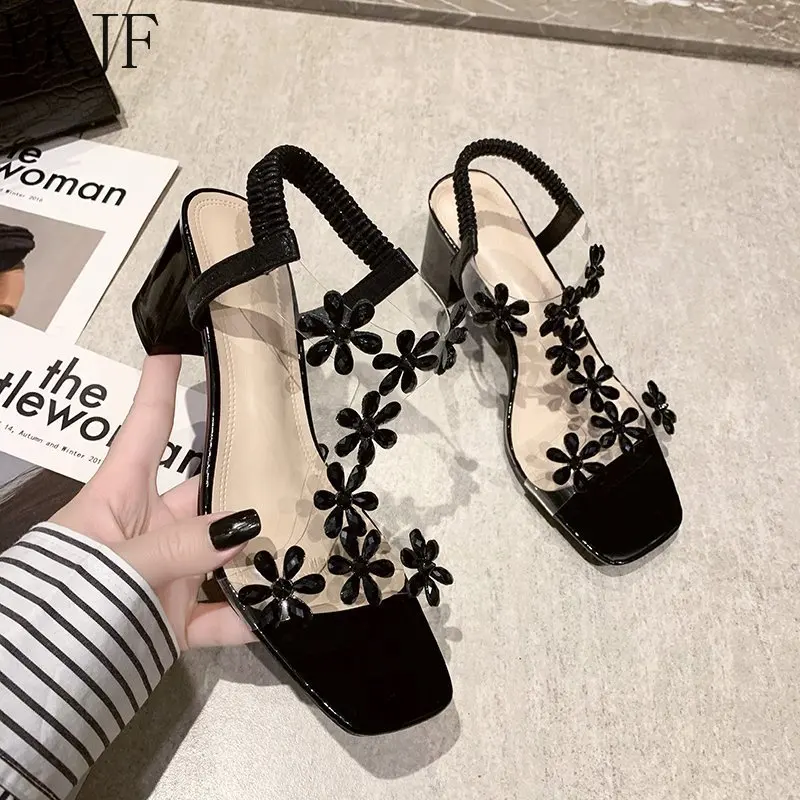 

Женские босоножки на высоком каблуке 2022, Костюмные женские бежевые прозрачные туфли, универсальные удобные черные босоножки на высоком мас...