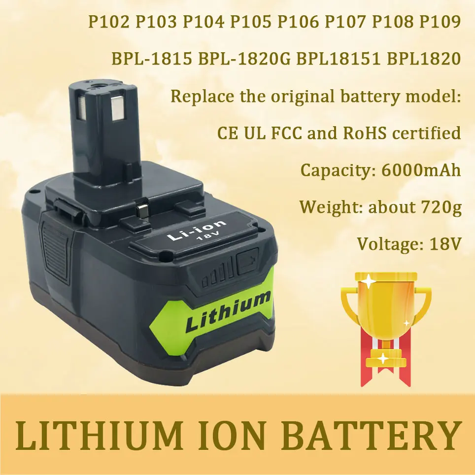

Сменный литий-ионный аккумулятор для электроинструмента, 18 в, 6000 мАч, для Ryobi ONE P103 RB18L50 RB18L40 P108 P109 P106 P105 P104