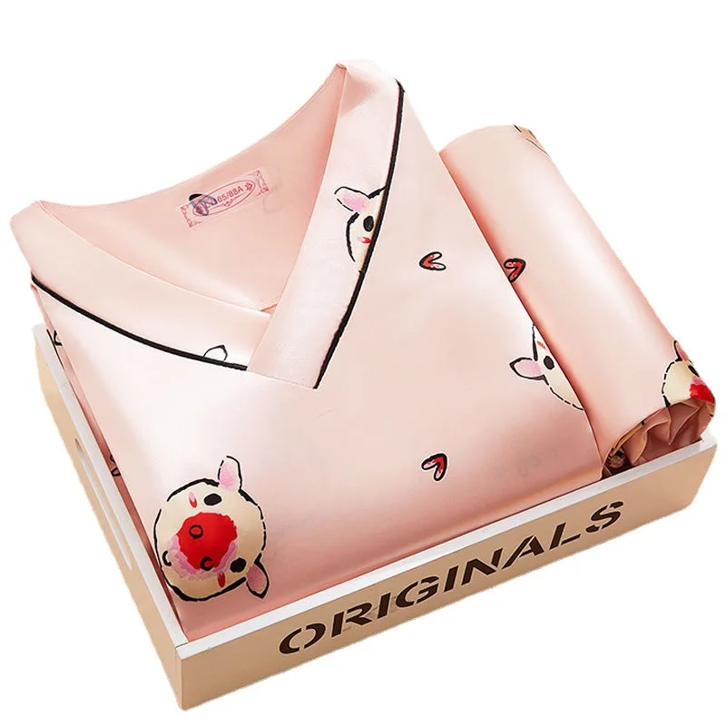 

Домашний шелковый костюм из двух предметов с имитацией коротким рукавом женская одежда для сервисного обслуживания пижама ночная женская ...