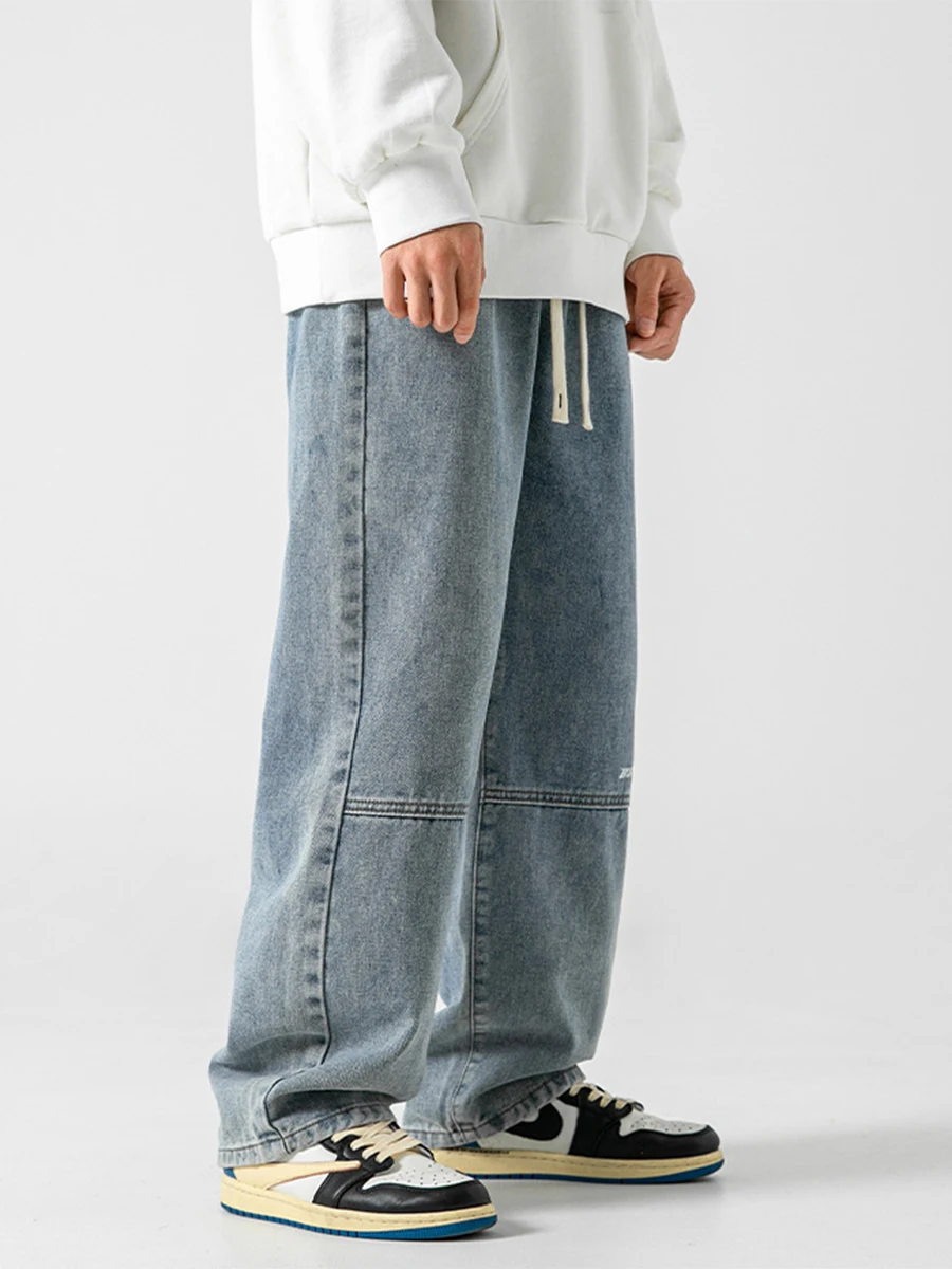 European and American High Street Men's Straight Loose Jeans New Stitching Trend Washed Retro Long Pants Streetwear Ins Hot Sale