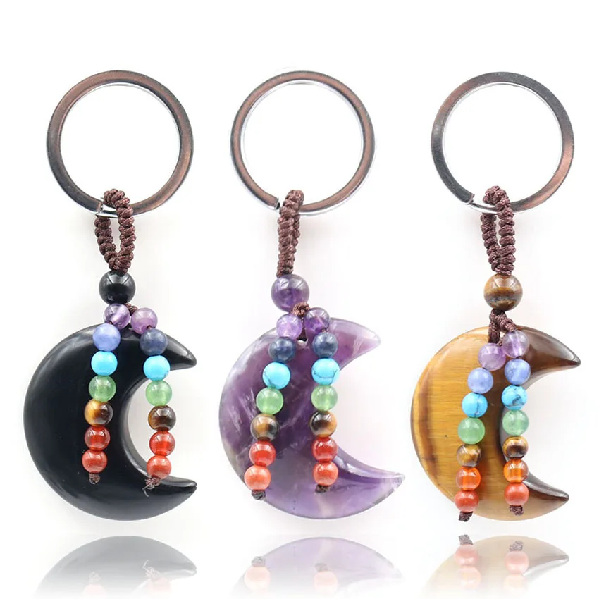 

XSM Natural Amethyst Tiger Eye Crescent Moon Crystal Key Chains Reiki Healing 7 Chakra Stone Ring Charm for Women Bag Decor