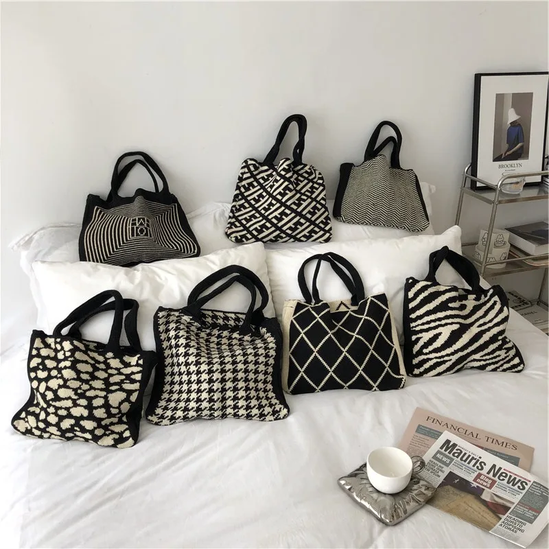

Female Contrast Color Plaid Knitted Shoulder Bags Vintage Big Capacity Tote Handbag For Women Ladies Underarm Travel Shopper Bag