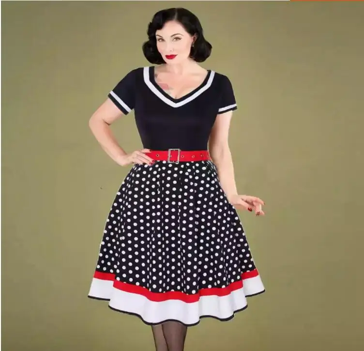 

In 1950s and 1960s, Dot Print Patchwork Vintage Summer Women's Wear