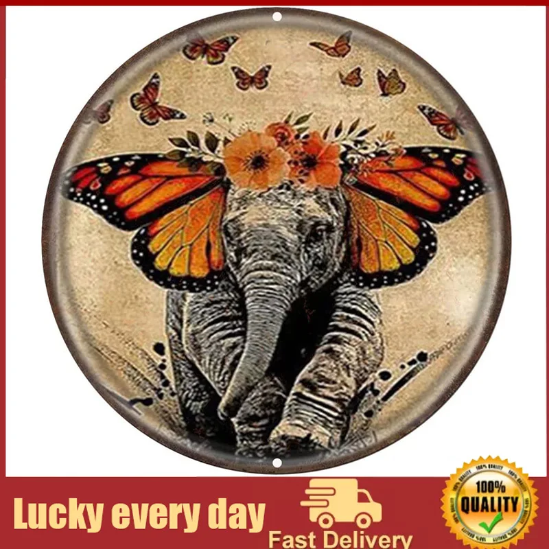 

Round Metal Tin Sign Rustic Wall Decor Be Kind Retro Poster Elephant with Butterfly Vintage Decor Poster Metal Sign Metal Decor